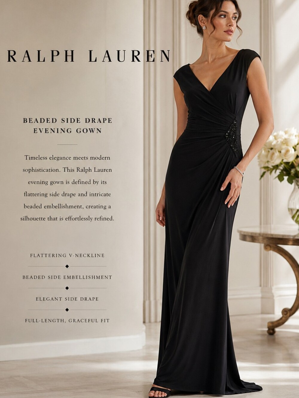 Ralph Lauren Black Ruched With Side Beaded Detail -Maxi Dress